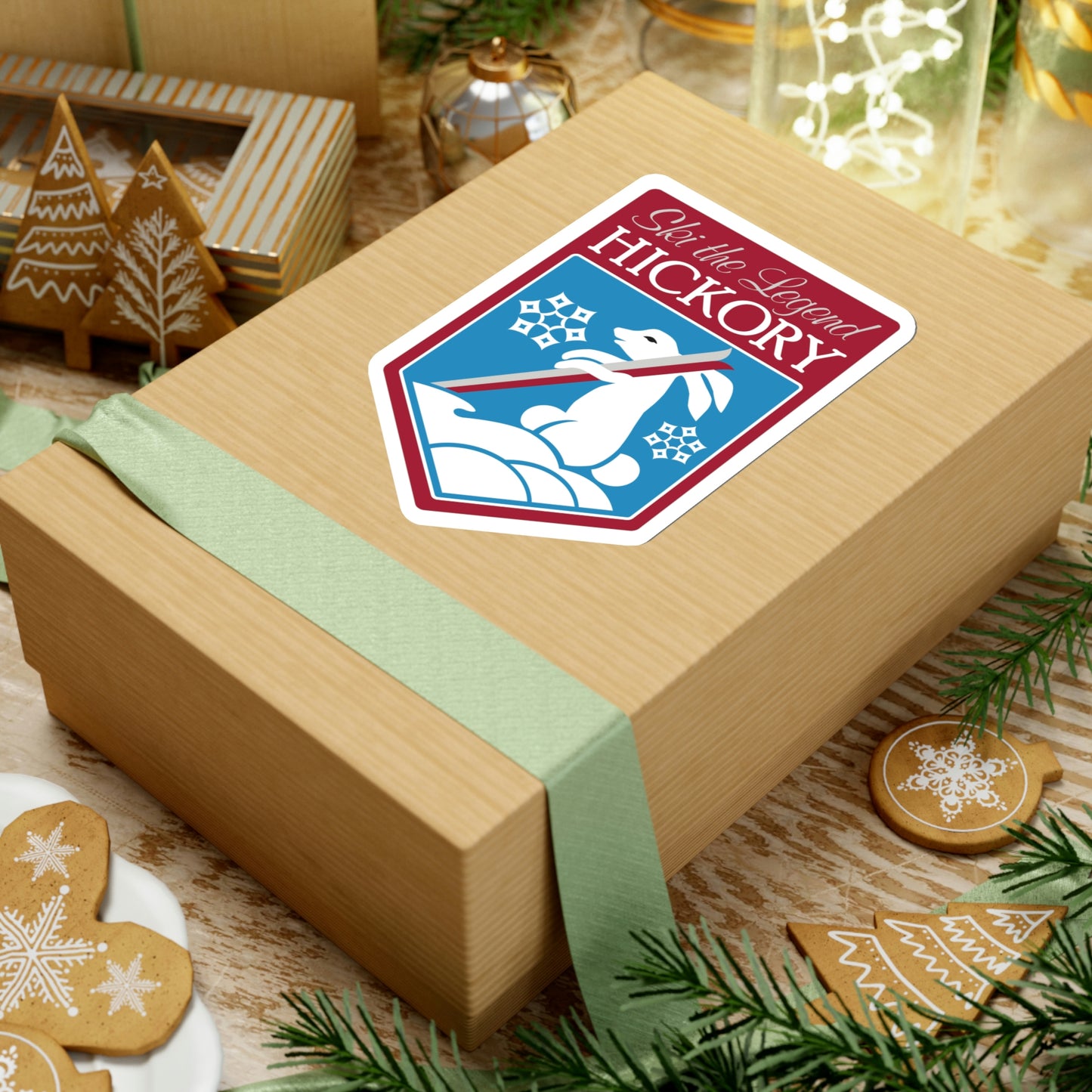 Hickory die cut sticker shown on a box