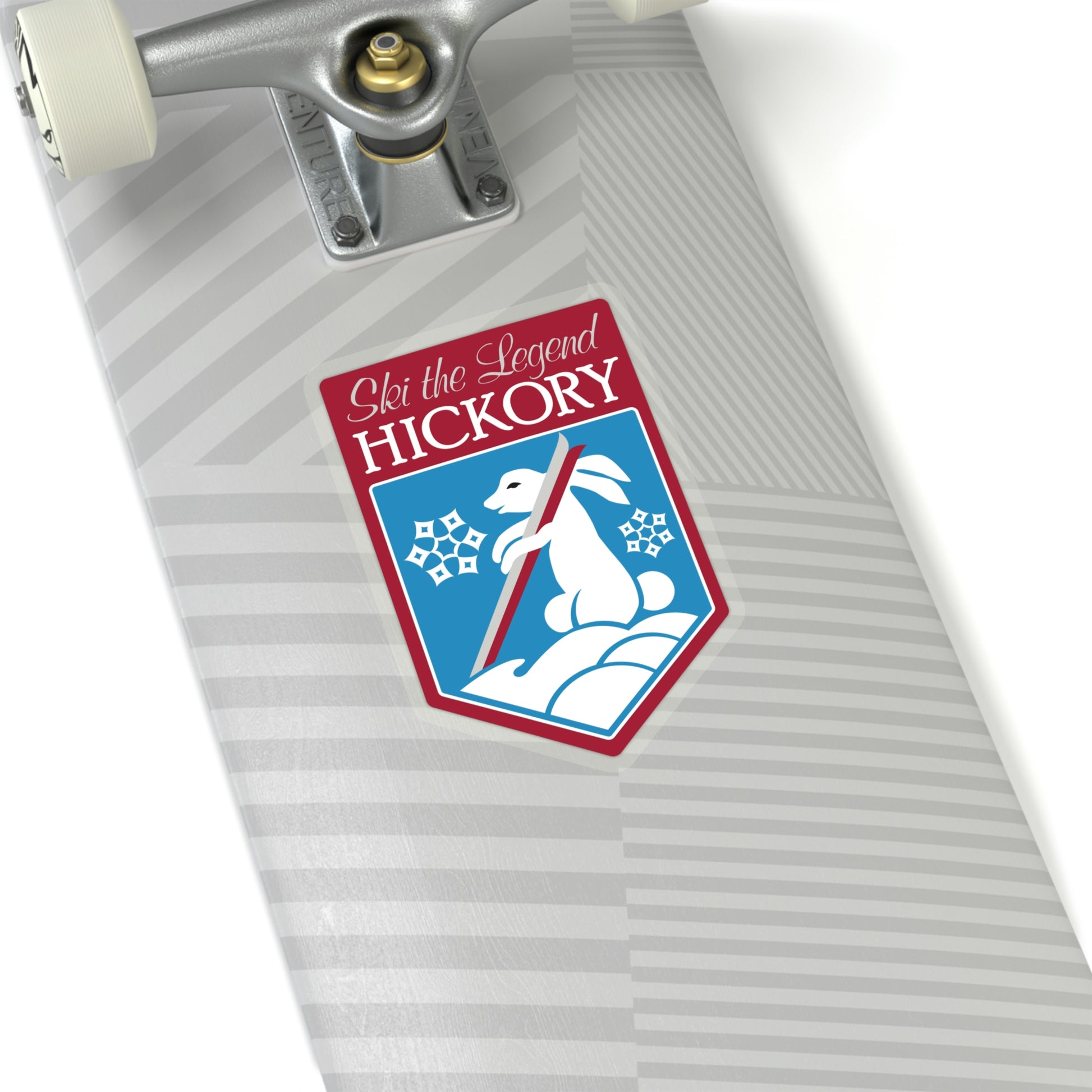 Hickory die cut sticker shown on a skateboard